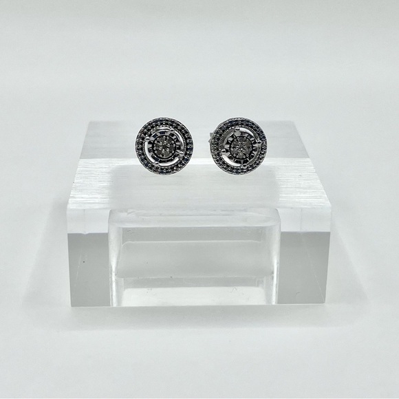 Round Natural Diamond Sterling Silver Stud Earrings - Picture 2 of 8